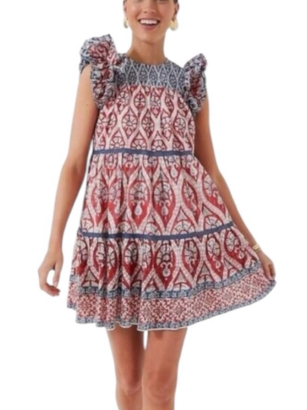 Ash & Eden Red Olga Mini Lace Dress sz XS Cotton Tiered Made in India